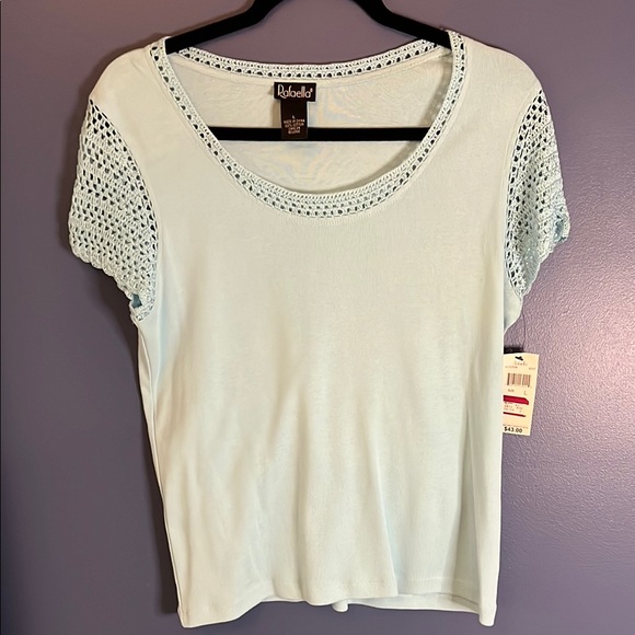 Rafaella -Light Aqua Women's Lg. Tee with Crochet Sleeves & scoop neck (Macy's) - Picture 6 of 9